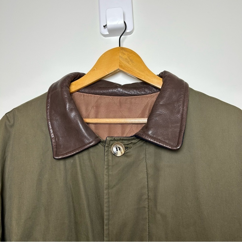 Vintage men’s canvas chore coat leather collar large barn work long oversized - Picture 4 of 11